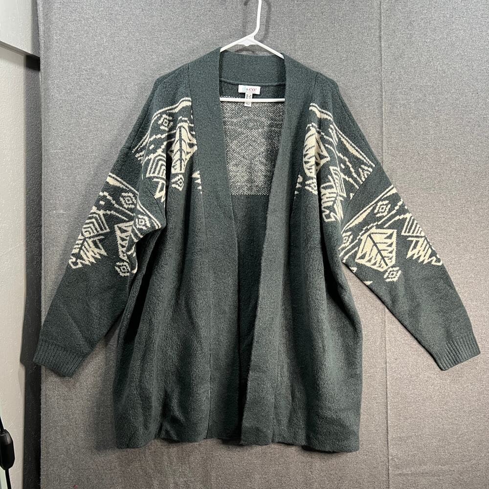 Denim & Co Open Front Cardigan With Fair Isle Shoulder Detail Dark Slate Size 1X